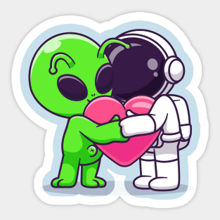 Cute Astronaut And Alien Hug Love Heart Cartoon Sticker